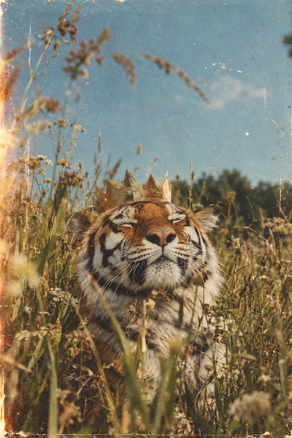 A tiger wearing a golden crown, resting contentedly in a sunlit meadow.