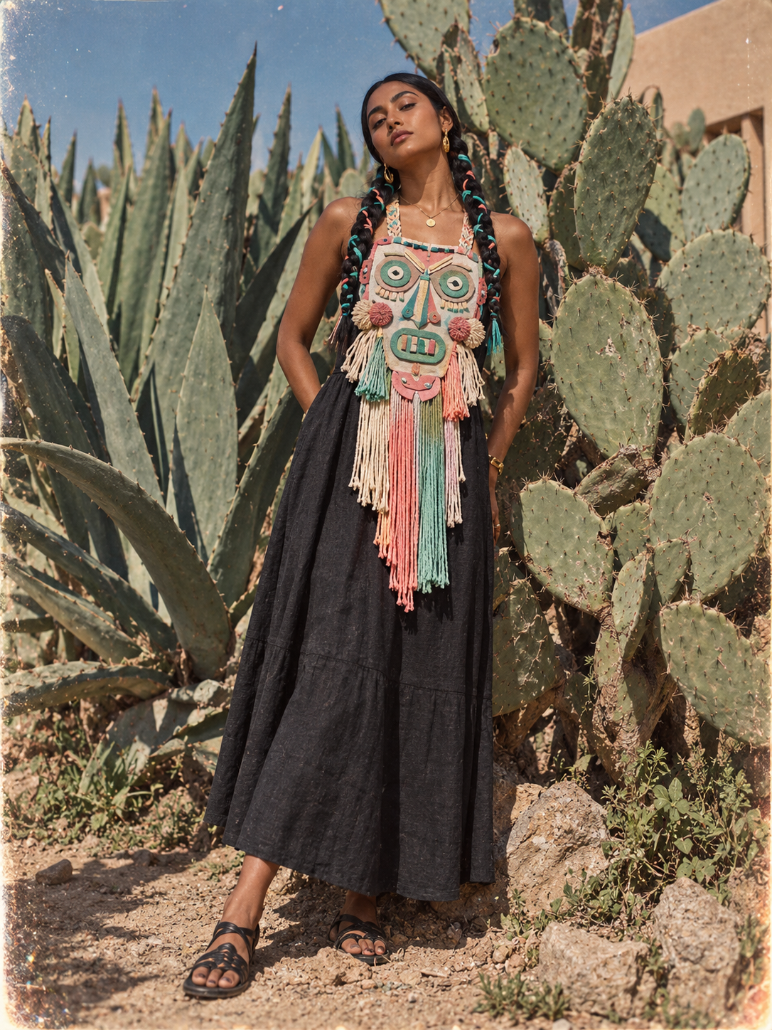 A woman in a playful woven top standing among tall desert cacti.