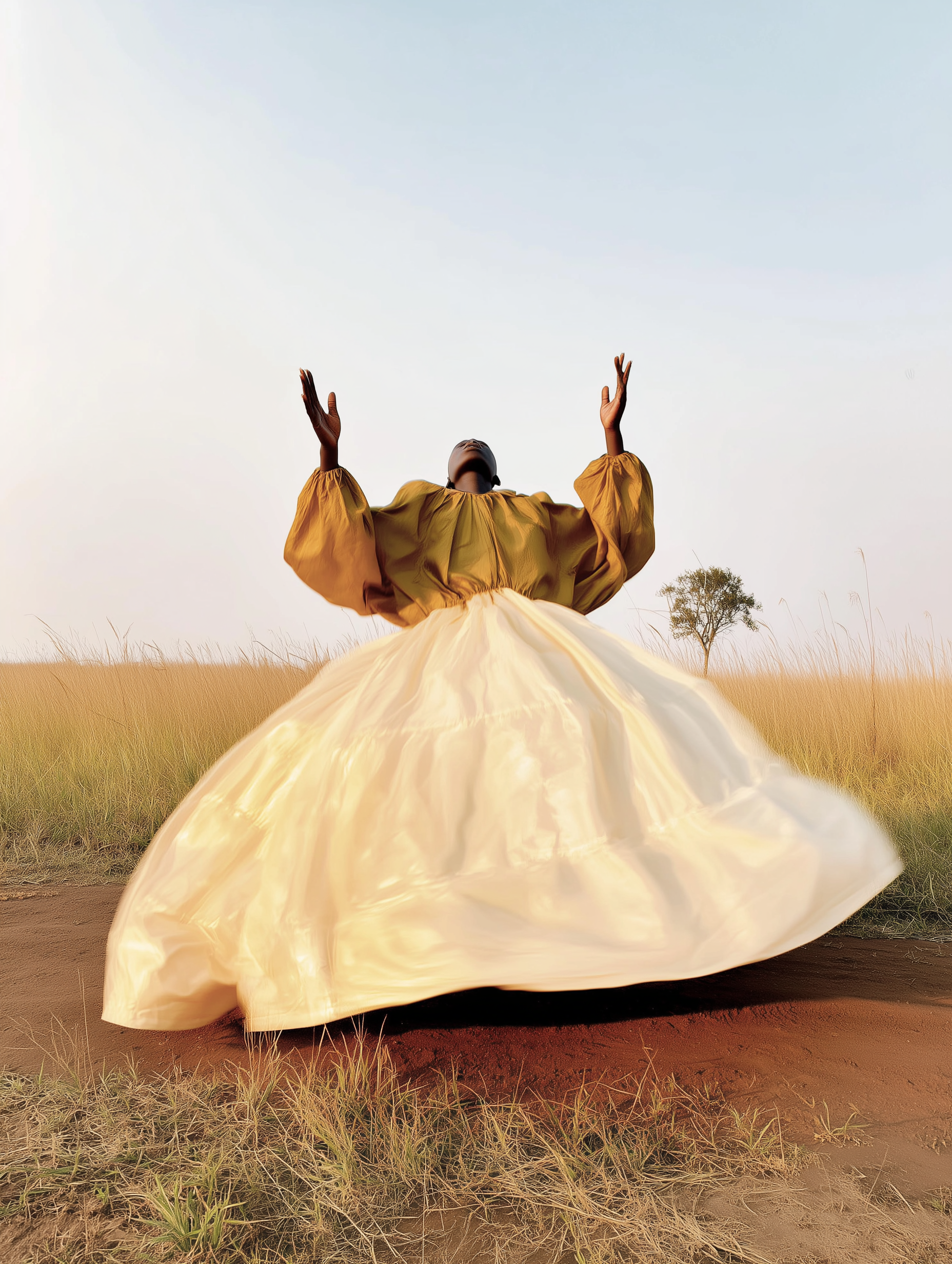 A woman raising her hands in a sunlit grassland, her cream skirt flowing around her.