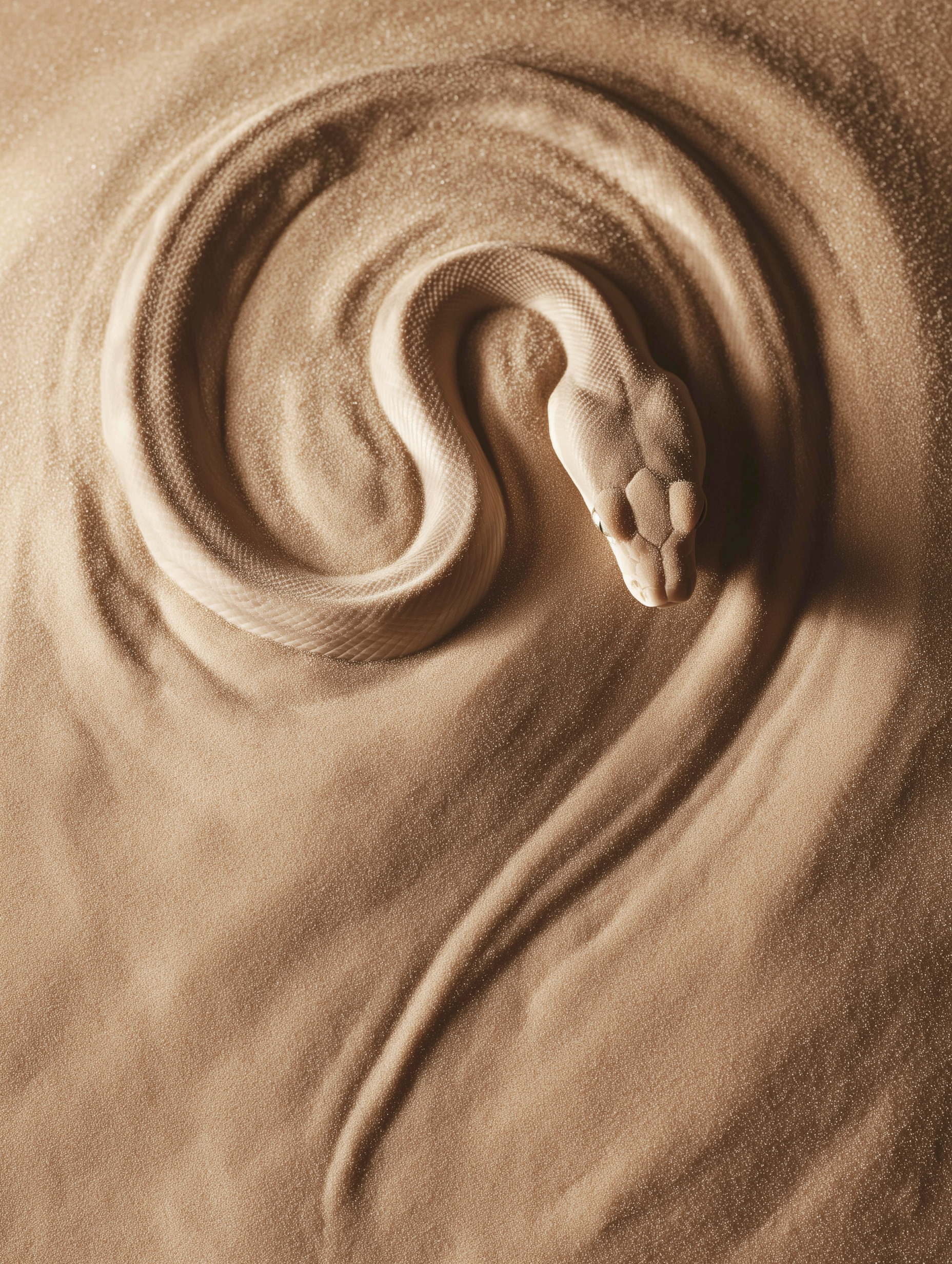 A pale snake curled into softly rippled golden sand.
